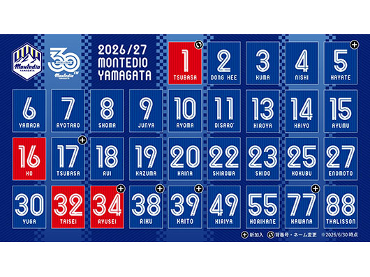2026/27シーズン モンテディオ山形選手・スタッフ一覧（6月30日現在）のお知らせ